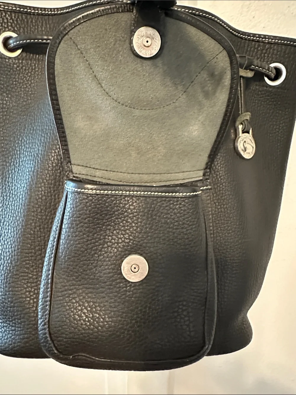 Dooney & Bourke Classic Vintage Black Leather Drawstring Sling Backpack
